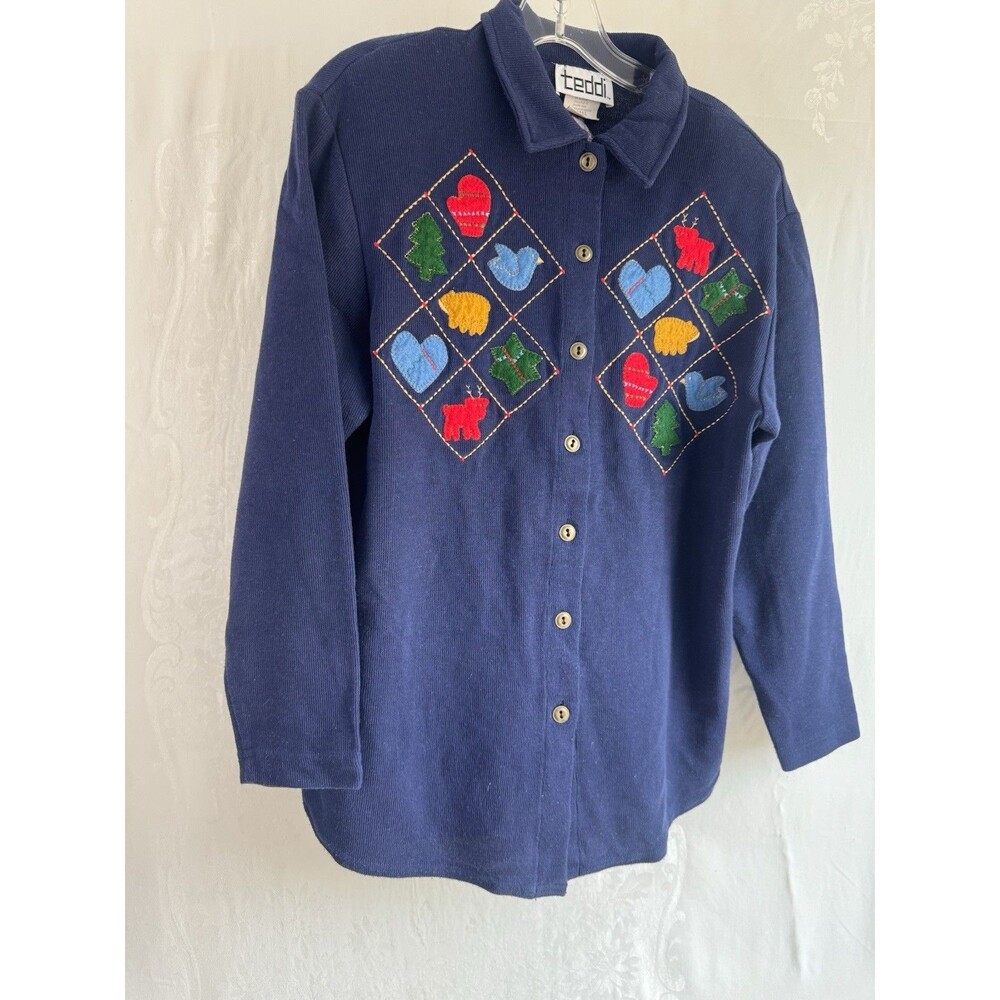 Teddi Vintage Ugly Embroidered Patchwork Christmas Sweater Top 80s Small